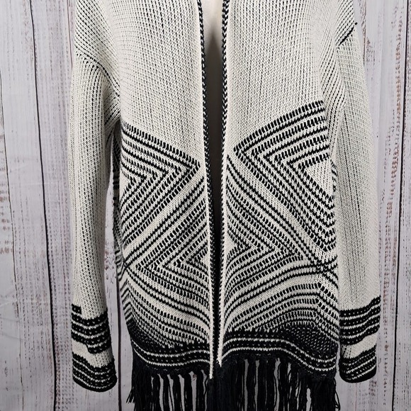 BANANA‎ REPUBLIC L Aztec Fringe Cardigan Black White Longline Cotton Wool Blend - Picture 4 of 8